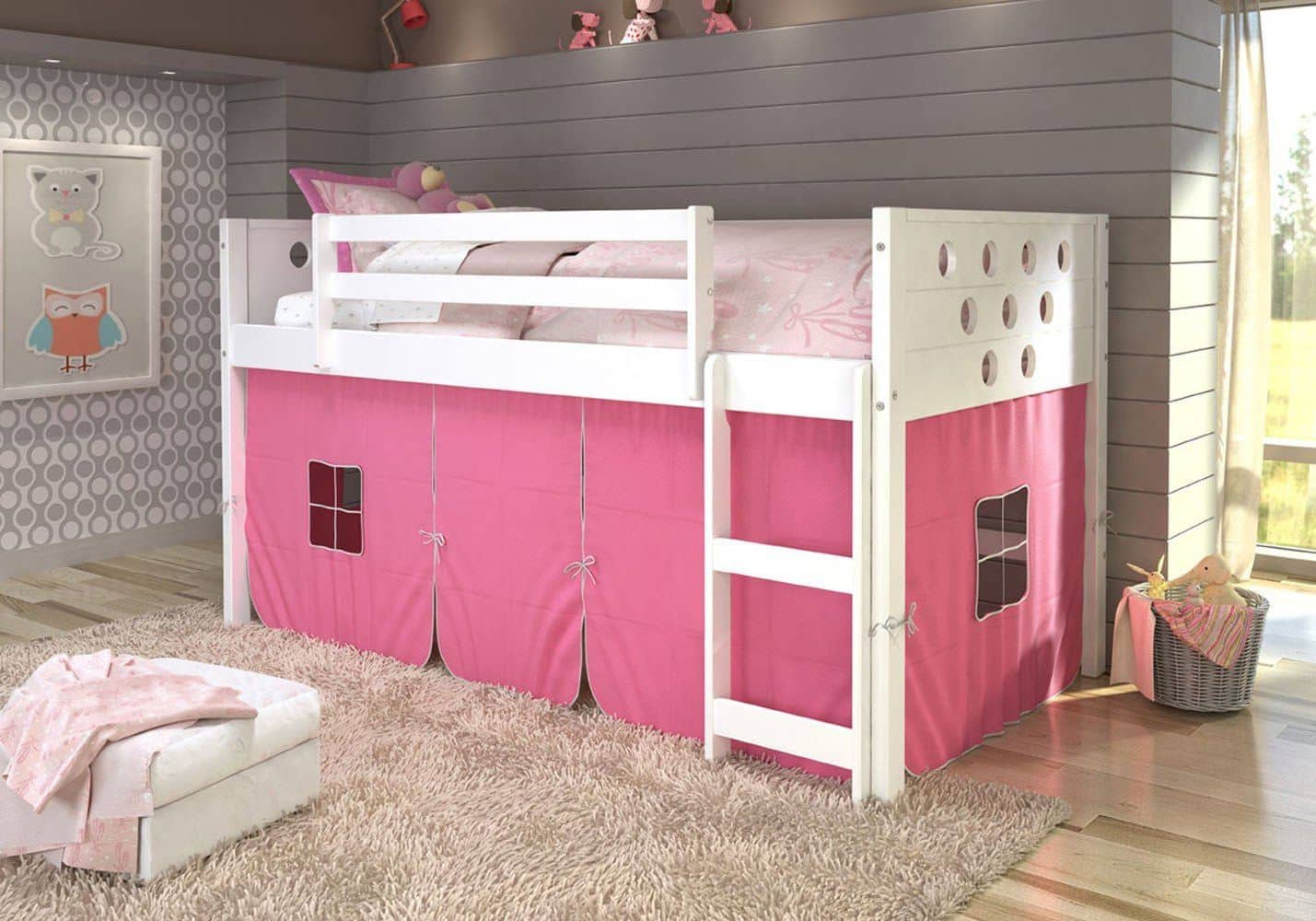 Aria White Loft Bed with Pink Tent