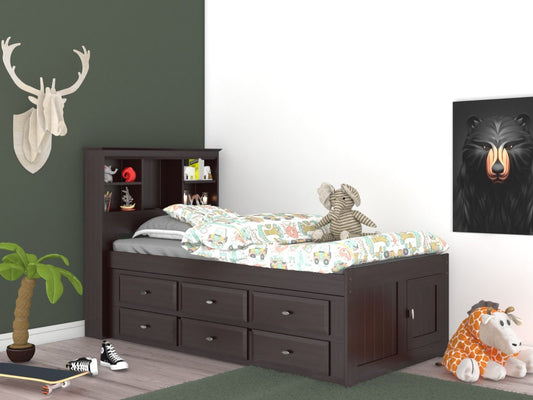 Addison Espresso Twin Captains Bed with Bookcase Headboard