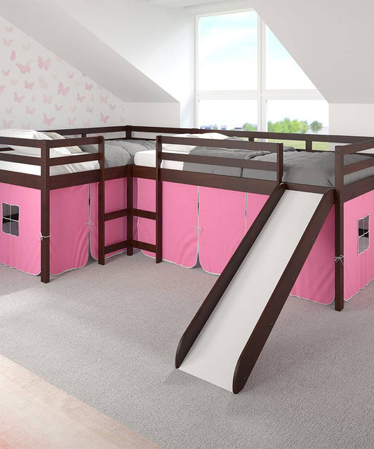 Molly L-Shape Corner Loft Bed with Slide & Pink Tent