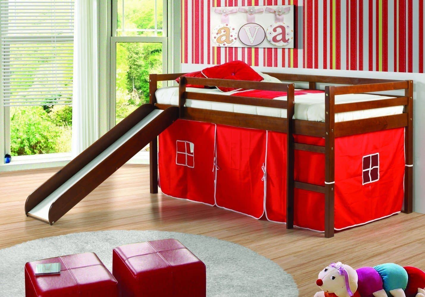 Sebastian Loft Bed with Slide & Red Tent