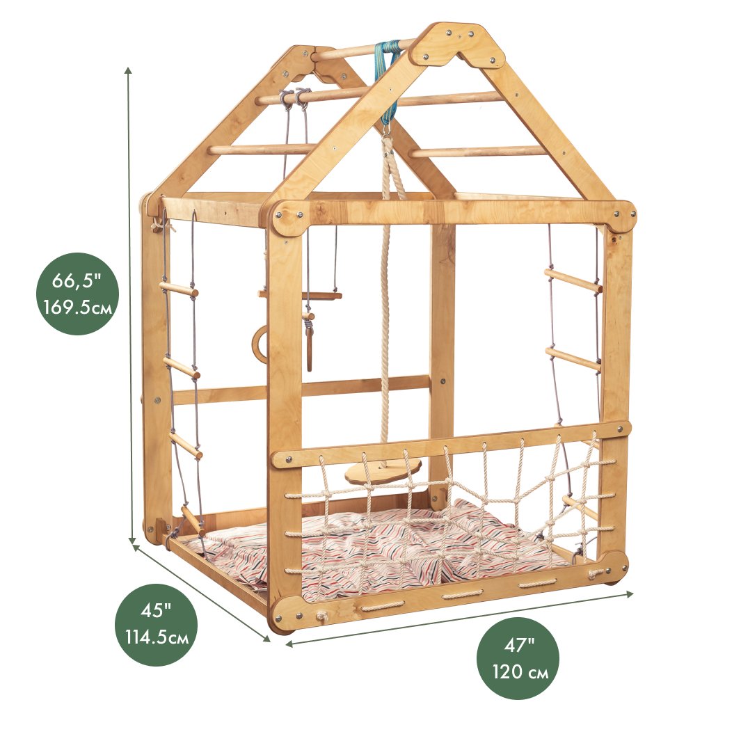 Indoor Wooden Playhouse with Swings and Slide Board