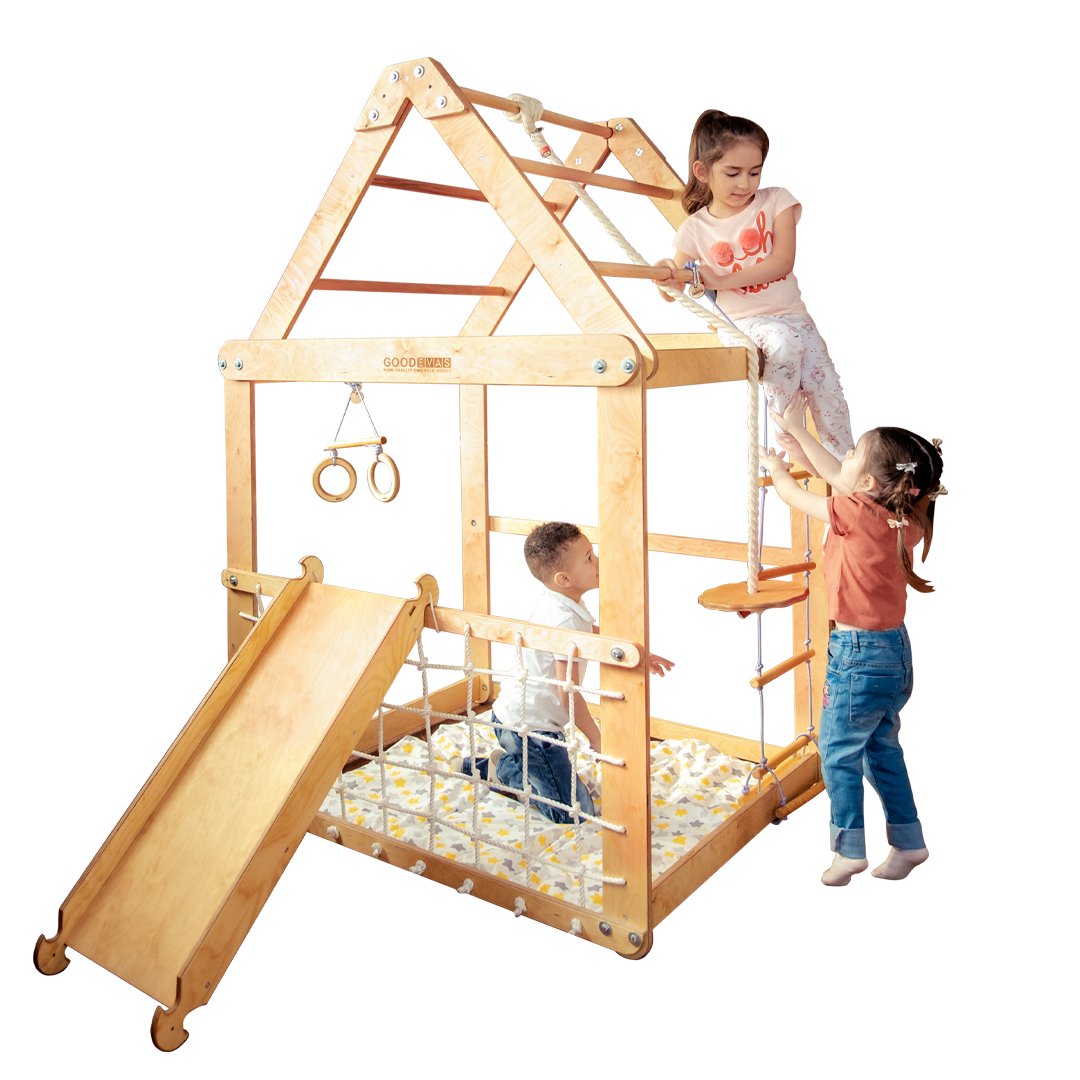 Indoor Wooden Playhouse with Swings and Slide Board