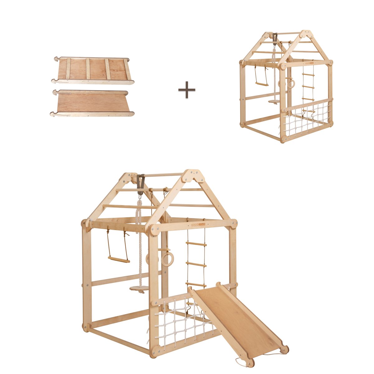 Indoor Wooden Playhouse with Swings and Slide Board