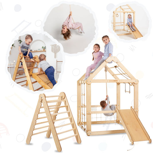 Indoor Wooden Playhouse with Triangle ladder, Slide Board and Swings